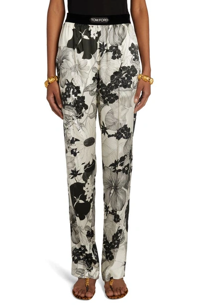 Tom Ford Floral Stretch Silk Satin Pajama Pants In Ecru/ Black