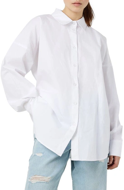 Noisy May Theo Gathered Waist Cotton Button-up Shirt In Bright White