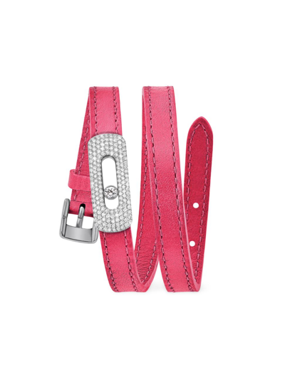 Messika Women's My Move 18k White Gold & Diamond Pavé Leather Wrap Bracelet In Rasberry Pink