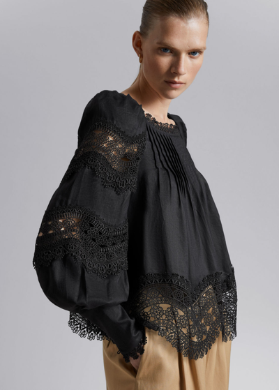 Other Stories Voluminous Sleeve Lace Detail Blouse In Black