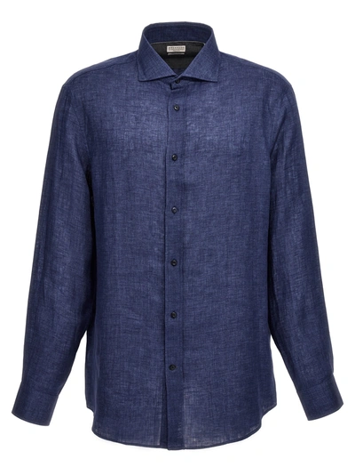 Brunello Cucinelli Linen Shirt Shirt, Blouse In Blue