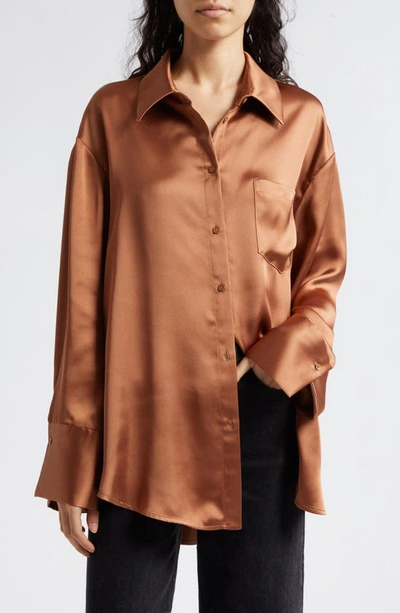 Alice And Olivia Finely Oversize Satin Button-up Shirt In Camel