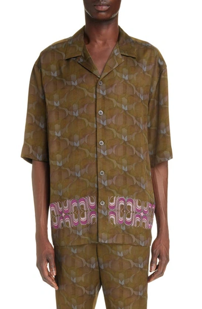 Dries Van Noten Embroidered Printed Bowling Shirt In Khaki
