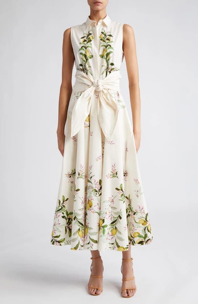 Giambattista Valli Saint-tropez 花卉印花中长连衣裙 In Ivory/ Yellow