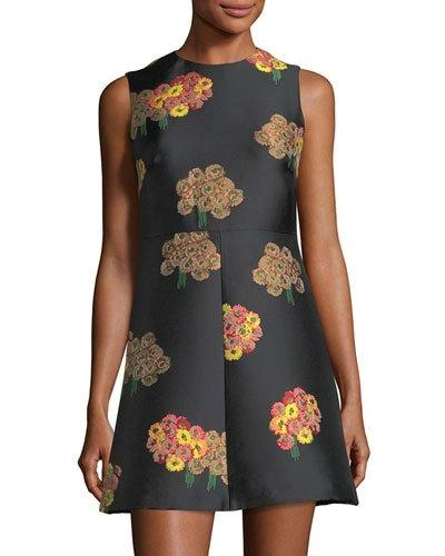 Red Valentino Sleeveless Flying Bouquet Brocade A-line Dress In Black