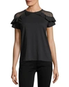 RED VALENTINO COTTON T-SHIRT W/ RUFFLE-TRIMMED POINT D'ESPRIT SHOULDERS,PROD202020088