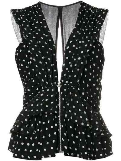 Saint Laurent Sleeveless Ruffled And Pleated Top In Black And White Lipstick Dot Printed Silk Georgette