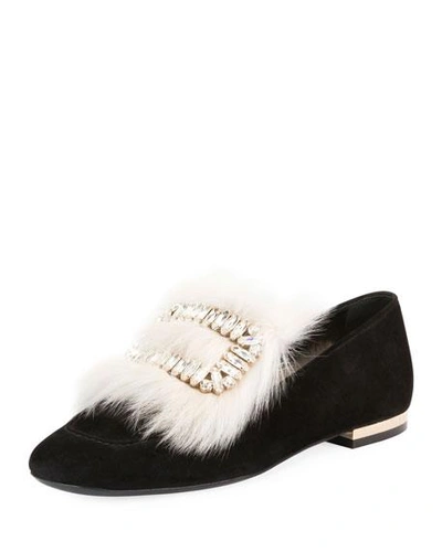 Roger Vivier Polly Fur-trim Buckle Loafer In Black/white