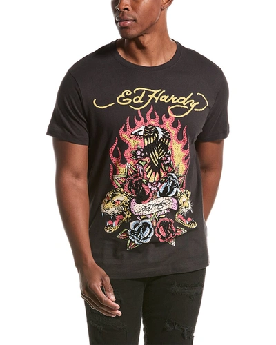 Ed Hardy Rhinestone Fire Bird T-shirt In Black