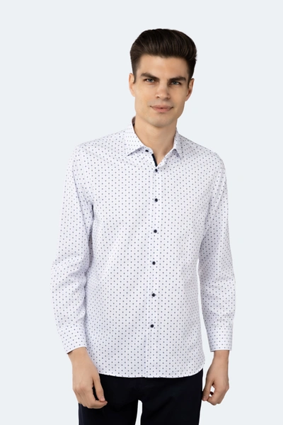 LUCHIANO VISCONTI WHITE WITH NAVY AND BLUE DIAMOND STRIPES JACQUARD SHIRT