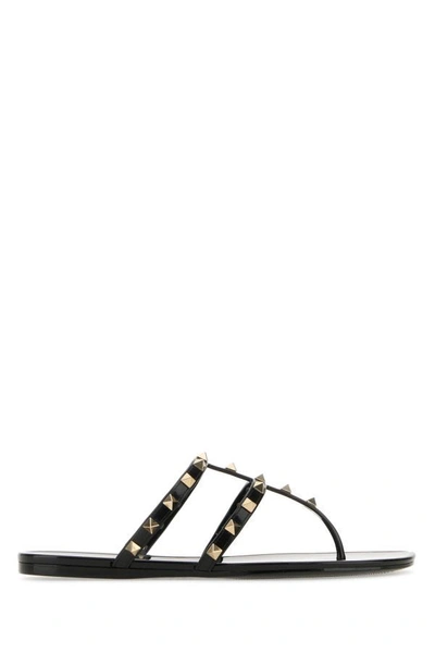 Valentino Garavani Woman Black Leather Rockstud Thong Slippers