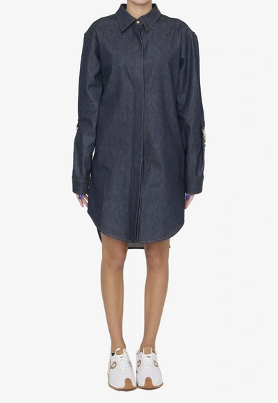 Loewe Oversized Chain-embellished Denim Mini Shirt Dress In Blue