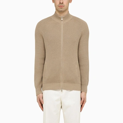 Brunello Cucinelli Ribbed Cotton Zip-up Sweater In Beige