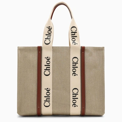 Chloé Woody Large Bag In Beige/brown Canvas In White