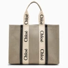 CHLOÉ WOODY LARGE BAG IN BEIGE/BLUE CANVAS