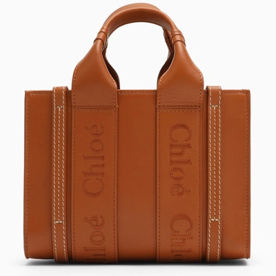 Chloé Woody Mini Brown Leather Bag In Orange