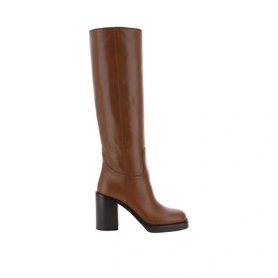 Prada Women Leather High Boots In Brown