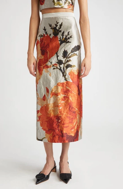 Erdem Floral-printed Pencil Midi Skirt In Silver