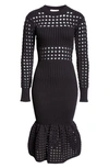 ALEXANDER MCQUEEN LONG SLEEVE 3D MESH MIDI SWEATER DRESS