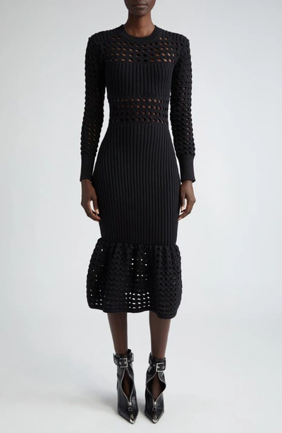 Alexander Mcqueen Ribbed And Open-knit Cotton-blend Midi Dress In Black