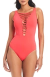 BLEU BY ROD BEATTIE LET'S GET KNOTTY LACE DOWN ONE-PIECE SWIMSUIT