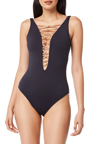 Bleu By Rod Beattie Let's Get Knotty Lace Down One-piece Swimsuit In Black/ Rose Gold