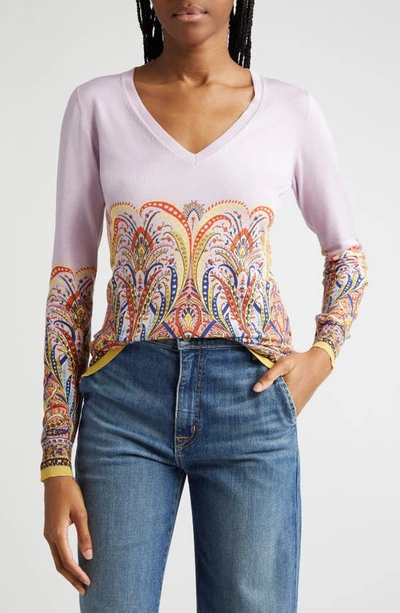 Etro Intarsia Silk Knit V-neck Top In Print Floral Purple