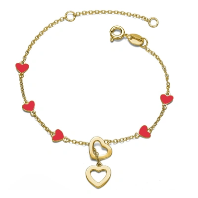 Rachel Glauber Rg Childern/teen 14k Gold Plated Double Halo Heart Dangle Charm Station Bracelet, Adjustable In Leng In Red