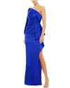 Mac Duggal One-shoulder Long Sleeve Satin Column Gown In Blue