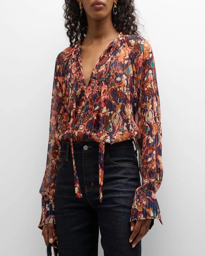 A.l.c Wilder Printed Long-sleeve V-neck Blouse In Brown