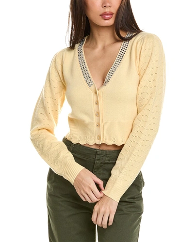 Loveshackfancy Brynner Cropped Crystal-embellished Pointelle-trimmed Wool And Cashmere-blend Cardigan In Yellow