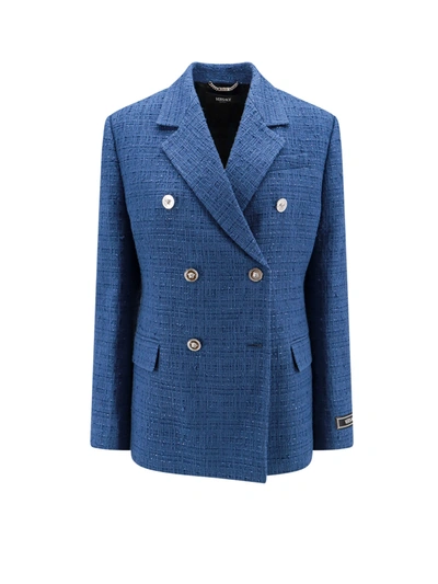 Versace Informal Double-breasted Tweed Jacket In Light Blue