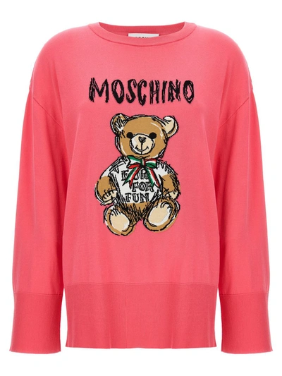 Moschino Crew Neck Teddy Bear Sweater With Graphic Print In Fuchsia