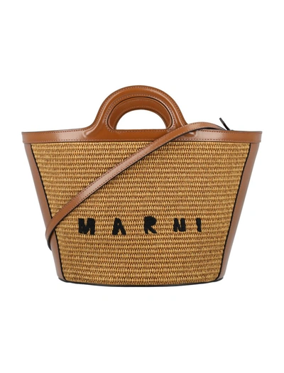 Marni Tropicalia Micro Bag In Leather And Raffia In Raw Sienna