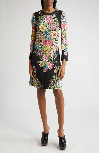 Etro Bouquet Floral-print Long-sleeve Jersey Dress In Print Floral Black
