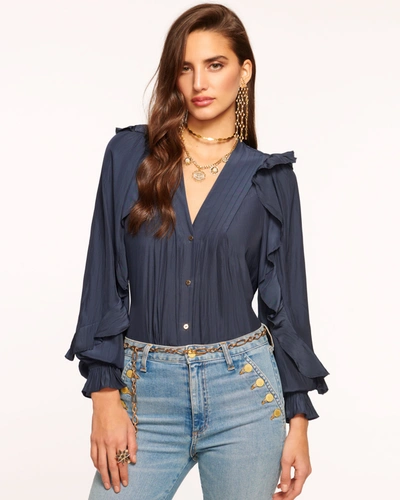 Ramy Brook Estelle Button-front Ruffle Blouse In Navy