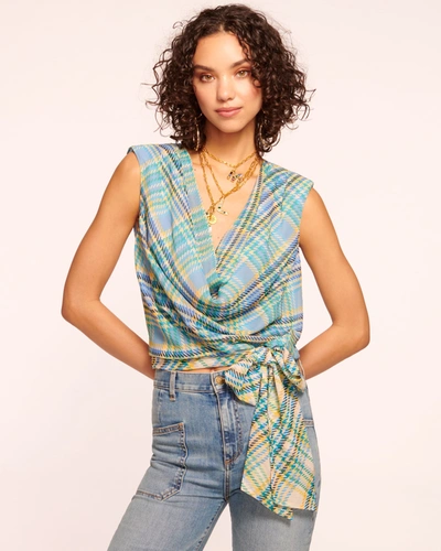 Ramy Brook Ivory Cowl Neck Tank Top In Blue Plaid
