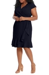 London Times Pleated Flounce Faux Wrap Dress In Navy