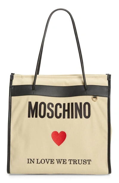 Moschino In Love We Trust Canvas Tote Bag In A1081 Fantasy Beige