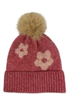 MARCUS ADLER FLOWER FAUX FUR POMPOM BEANIE