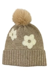 MARCUS ADLER FLOWER FAUX FUR POMPOM BEANIE