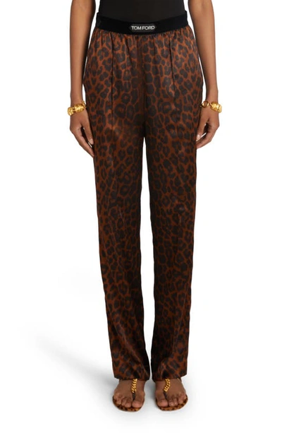 Tom Ford Reflected Leopard Print Silk Signature Pajama Pants In Brown