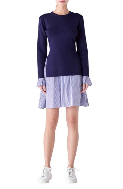 English Factory Women's Poplin Combo Knit Dress In Navy Stripe