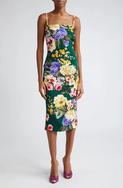 Dolce & Gabbana Square-neck Floral-print Charmeuse Dress In Verde