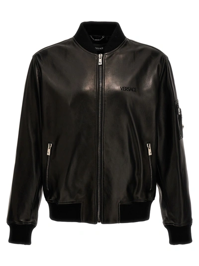 Versace Logo Leather Zip Jacket In Black