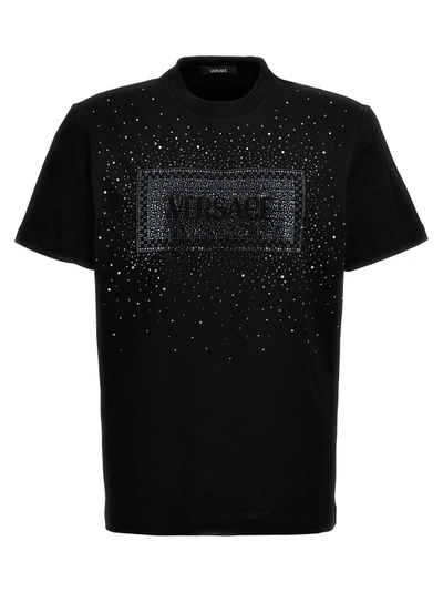 Versace Logo-rhinestone Cotton T-shirt In Black