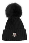 Moncler Ribbed Wool Beanie With Faux Fur Pom In Black