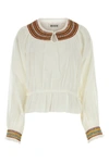 Bode Cotton Blouse With Embroidered Neckline And Gathered Cuffs In White
