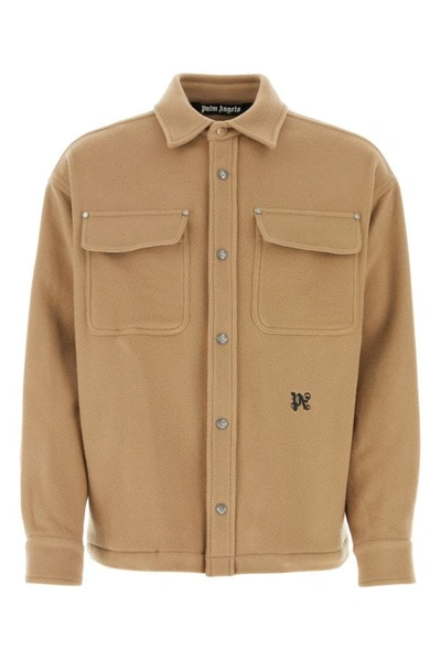 Palm Angels Monogram Embroidered Patch Pocket Overshirt In Brown