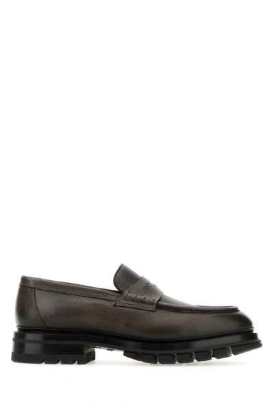 Santoni Man Dark Grey Leather Loafers In Gray
